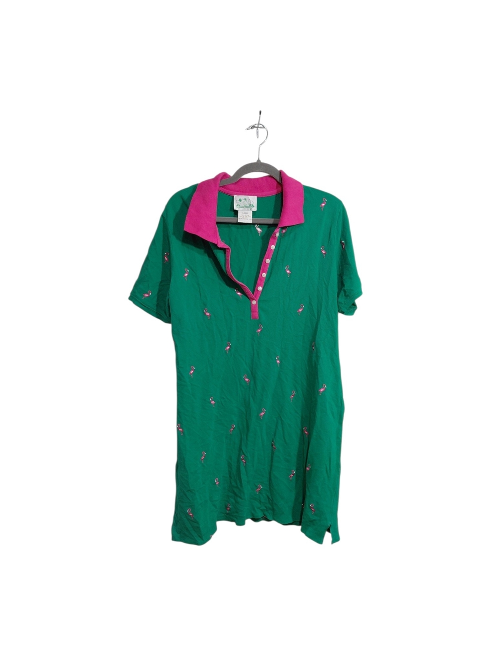 Green Polo Mini Dress with Pink Contrast Collar and Flamingo Motif